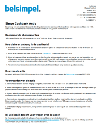 Simyo 400 min/sms + 15 GB - 5G - Sim Only - 2 jaar voor €4,33 pm ( dmv cashback)