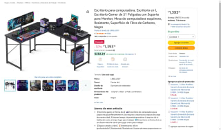 Escritorio Gamer L 127x96cm Negro por $1,393 | Amazon