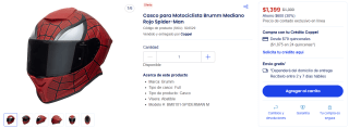 Casco para Motociclista Brumm mediano Spider-Man por $1,399 en Coppel