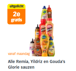 Alle Remia, Yildriz en Gouda's Glorie sauzen 1+1 gratis bij de AH