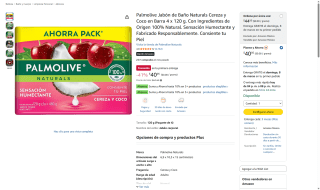 Palmolive Jabón de Baño Naturals Cereza y Coco 480g por $40 | Amazon