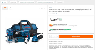 Combo Router 550W Rotomartillo y Lijadora Orbital con Bolso por $2,997 en Home Depot