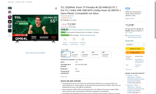 Televisor TCL 55QM64L 55" 4K QD-MiniLED por $7,220 | Amazon