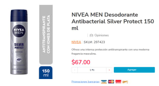 NIVEA MEN Desodorante Antibacterial Silver Protect 150ml por $25 | HEB