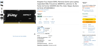 Kingston Fury Impact DDR5 SODIMM 8GB 4800MT/s por $925 | Amazon