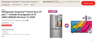 Refrigerador Instaview French Door 29 pies + Smart TV 55" LG 4K en $29,999