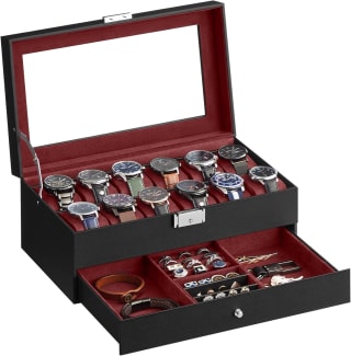 SONGMICS Estuche de Reloj con Tapa de Cristal de 2 Niveles para 12 Relojes por 23.99€