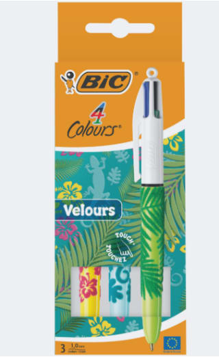 Lot de 3 stylos bille 4couleurs BIC Velours - Bleu rouge vert noir à 17,07€