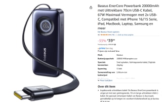 Baseus EnerCore Powerbank 20000mAh voor €39,99 bij Amazon