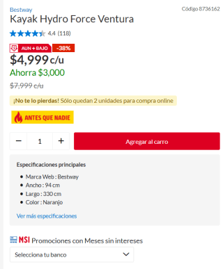 Kayak Hydro Force Ventura por $4,999 | Descuento Sodimac