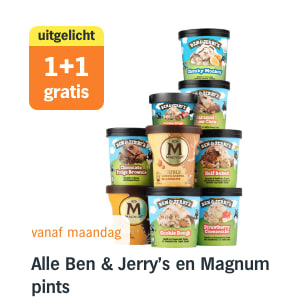 1+1 gratis op Alle Ben & Jerry's en Magnum pints bij de AH