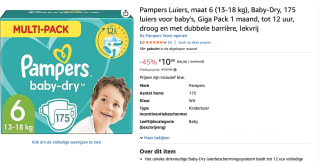 Pampers Luiers, maat 6 (13-18 kg), Baby-Dry, 175 luiers voor €10,99 bij Amazon