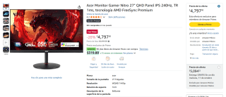 Monitor Acer Nitro 27" QHD 240Hz por $4,078 | Oferta Amazon