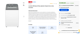 Lavadora Whirlpool 18kg Carga Superior por $7,130 | Walmart