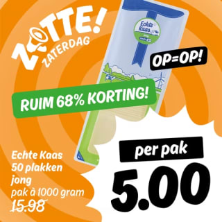 Pak van 50 plakken kaas ca 1000 gr voor €5 bij Poiesz-supermarkten