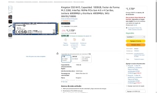 Kingston NV3 1TB Azul por $1,179 | Amazon