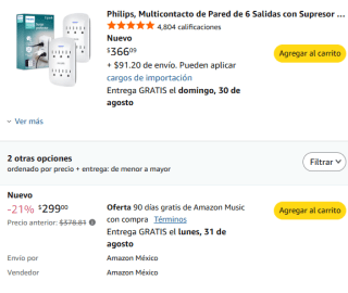 Philips SPP3466WA/37 Multicontacto de Pared (Packde 2) por $299 en Amazon