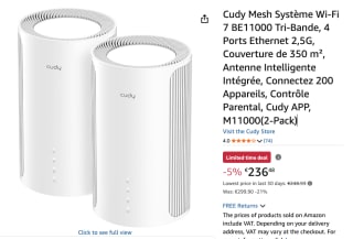 Cudy Tri-Band WiFi 7 BE11000 Home Mesh-systeem voor €236,48 bij Amazon