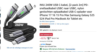INIU 240W USB C-kabel, [2-pack 2m] voor €8,58 bij Amazon