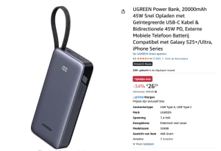 UGREEN Power Bank, 20000mAh 45W voor €26,59 bij Amazon