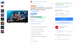 TV TCL QM6K 65" 2025 QD‑Mini LED 4K por $9,832 en Mercado Libre