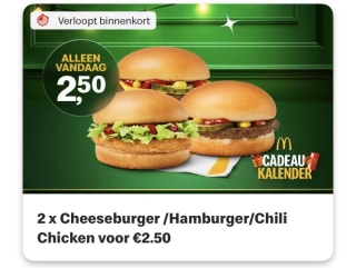 2 Cheeseburgers, Hamburgers of Chili Chicken voor €1,25 bij McDonalds