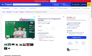 Smart TV LG 75" UHD por $11,999 | Coppel