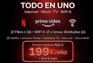 Fibra 1 Gb + 2 Líneas ilimitadas + TV + Netflix + Prime por 199€ al año