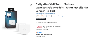 2 Stuks Wandschakelaarmodule PHILIPS HUE voor €57,01 bij Amazon