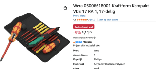 Wera Kraftform Kompakt VDE 17 RA 1 schroevendraaier voor €71,75 bij Amazon