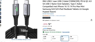 INIU USB C naar USB C-kabel [100 W/2 m],voor €3,90 bij Amazon