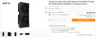 Tarjeta XFX AMD RX 9060 XT Swift OC 16GB por $8,099 | CyberPuerta