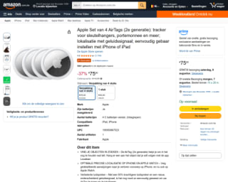 Apple Set van 4 AirTags (2e generatie) voor €75 bij Amazon