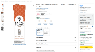 Santa Clara Leche deslactosada 1 L (paquete de 12) por $308 en Amazon