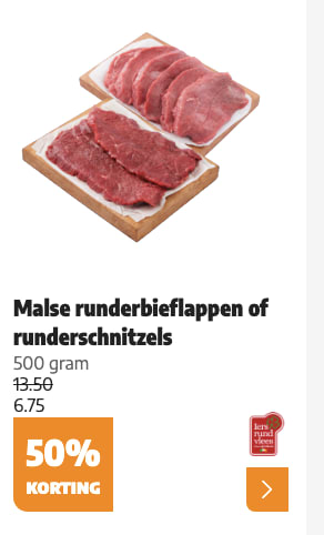 50% korting op Malse runderbieflappen of runderschnitzels bij Poiesz