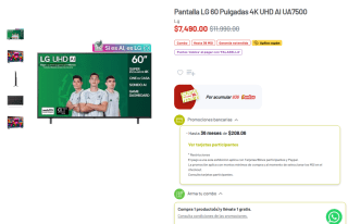 Pantalla LG 60" 4K UHD AI UA7500 por $5,992 en Soriana
