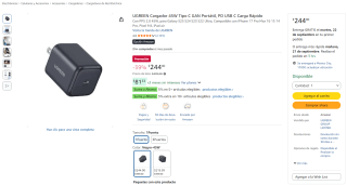 UGREEN Cargador 45W Tipo C GAN Portátil por $244 en Amazon