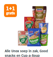 Alle Unox soep in zak, Good snacks en Cup-a-Soup 1+1 gratis bij de AH