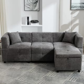 L-Shaped Sectional Sofa with Removable Storage Ottoman & 2 Pillows, Fabric, Grey
