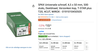 SPAX Uni. Schroef WIROX 4.5 x 50 T20 T-Star Plus BOX (500x) voor €15,04 bij Amazon