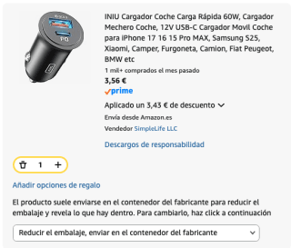 Chollazo INIU Cargador Coche Carga Rápida 60W por solo 3.56€
