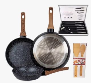 Set de 3 Sartenes de Aluminio Forjado 20/24/28 + set cuchillos y espátulas por 27.23€