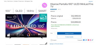 Hisense Pantalla 100" ULED MiniLed Fire TV por $33,999 en Costco