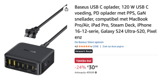 Baseus USB C oplader, 120 W voor €30,48 bij Amazon