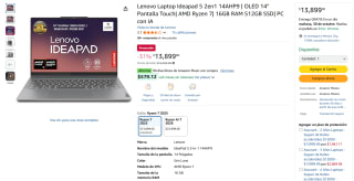 Lenovo Ideapad 5 2en1 14" Ryzen 7 512GB por $11,899 | Amazon (Santander MSI)