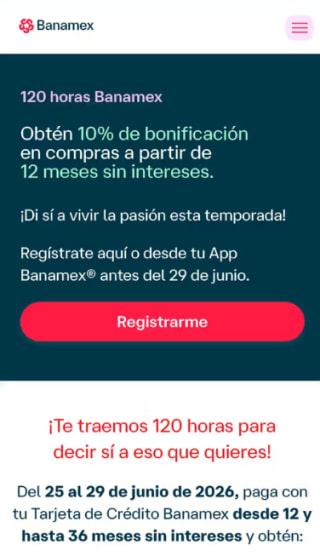 10% de Bonificación de 12 a 36 MSI | Banamex 120 Horas