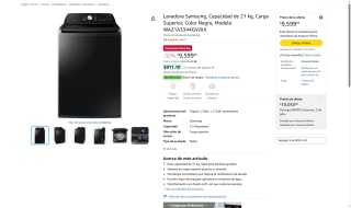 Lavadora Samsung 21kg Negra por $9,599 | Amazon (Prime)