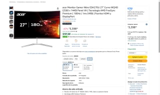 Acer Nitro 27 Curvo WQHD 180Hz 1ms por $3,398 | Amazon