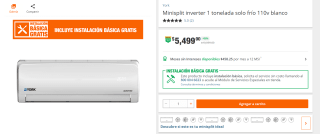 Minisplit Inverter 1 Tonelada Solo Frío 110V por $5,499 | Home Depot