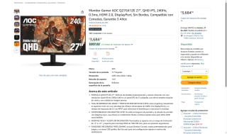 Monitor Gamer AOC Q27G41ZE 27" por $3,684 | Amazon